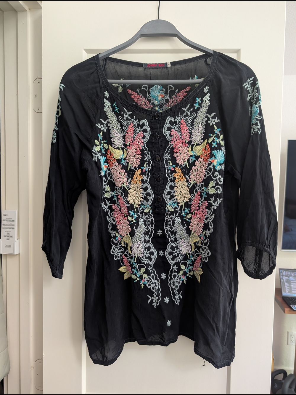 Johnny Was Black Tunic with Multicolor Floral Bird Embroidery Size S